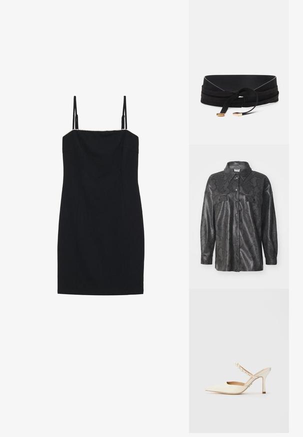 Schwarze synthetische Hemdenjacke mit Schlangenledermuster, knöpfbare Vorderseite, zwei Brusttaschen und Kragen. Glatte Textur.; Schwarzes Mini-Kleid mit dünnen Trägern und geradem Ausschnitt. Es hat eine taillierte Silhouette und einen strukturierten Saum entlang des Ausschnitts.; Steve Madden BRECKI - Brautschuh - ivory; Schwarzer Wildledergürtel mit breitem Design, versehen mit einem gebundenen Knoten und goldenen Akzenten an den Enden. Glatte Textur mit leichtem Glanz.