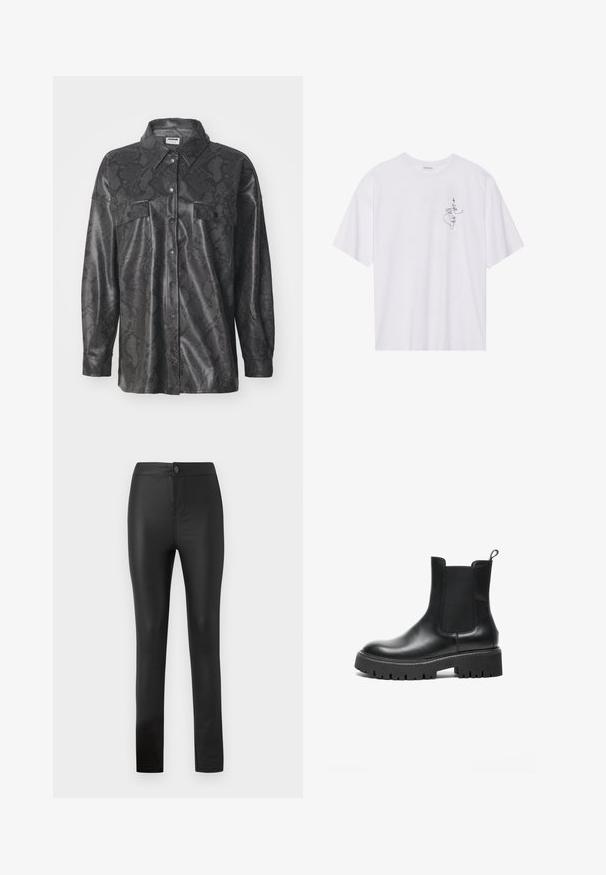 Zwarte synthetische shirtjas met slangenhuidpatroon, knoopsluiting aan de voorkant, twee borstzakken en een kraag. Glad textuurafwerking.; Witte korte mouwen T-shirt van katoen. Kenmerkt zich door een minimalistische zwarte abstracte lijntekening op de linkerborst. Ontspannen pasvorm.; Zwarte legging gemaakt van rekbaar, glad materiaal met een aansluitend ontwerp, voorzien van een voorknop en ritssluiting, en rechte pijpen.; Zwarte leren Chelsea-boot met elastische zijpanelen, ronde neus, stevige rubberen zool en lus aan de hiel.