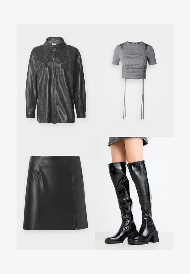 Zwarte synthetische shirtjas met slangenhuidpatroon, knoopsluiting aan de voorkant, twee borstzakken en een kraag. Glad textuurafwerking.; Grijze crop top met korte mouwen, voorzien van verticale ribbels, geplooide details en verstelbare strikjes aan de onderkant voor een op maat gemaakte pasvorm.; Zwarte leren mini-jurk met een rechte snit, een soepele textuur en een zijrits met een splitdetail aan één kant.; Zwarte, glanzende laarzen tot de knie met een vierkante neus en een robuuste hak. Heeft een rits aan de zijkant en een aansluitend, gestructureerd ontwerp.