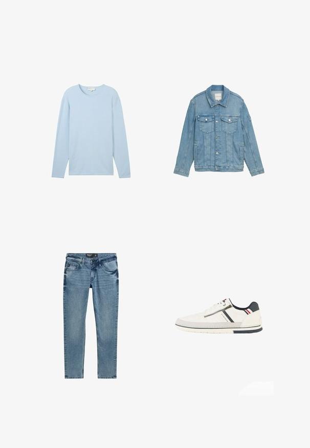 Lichtblauwe denimjas met een klassieke kraag, sluiting met knopen aan de voorkant, twee borstzakken en gestikte details. Lange mouwen met knoopmanchetten.; Lichtblauwe lange mouw top met textuur, een ronde hals en rechte zoom, gemaakt van een zachte, lichte stof.; Lichtblauwe denim jeans met een slim fit, voorzien van vijf zakken, een ritssluiting en stikseldetails langs de naden.; Witte lage sneaker met zijrits, marineblauwe en rode accenten, een zwart hielstuk en "Tom Tailor" branding langs de zijkant.