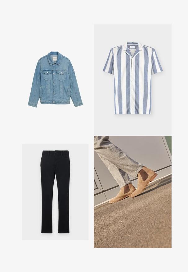 Lyseblå denimjakke med klassisk krave, frontlukning med knapper, to brystlommer og syet detaljer. Lange ærmer med knapmanchetter.; Kortærmet skjorte med knapper med lodrette blå og hvide striber og en campkrave, lagt fladt på en hvid baggrund.; Sorte bomuldsbukser med lige snit, der har knap- og lynlåsclosure, fem lommer og diskrete syninger.; Brune ruskind Chelsea støvler med elastiske sidepaneler og en glat tan gummisål, parret med lyse grå bukser på en tekstureret overflade.