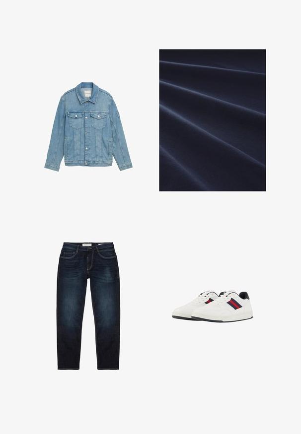 Lyseblå denimjakke med klassisk krave, frontlukning med knapper, to brystlommer og syet detaljer. Lange ærmer med knapmanchetter.; Marineblå bomuldsstof med en glat tekstur og synlige folder, der har en ensartet farve med en let glans, der reflekterer lyset.; Mørkeblå denim jeans med standard pasform, der har lynlås, fem lommer og kontrasterende gule syninger. Glat overflade.; TOM TAILOR Sneakers - white navy