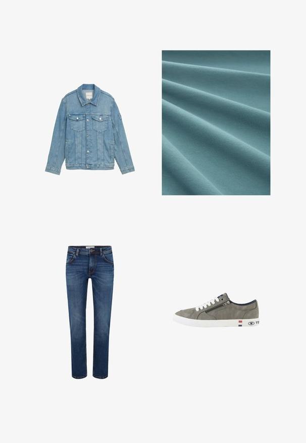 Veste en denim bleu clair avec un col classique, fermeture à boutons sur le devant, deux poches poitrine et détails cousus. Manches longues avec poignets à boutons.; Tissu turquoise avec une texture lisse et douce, affichant des plis délicats et un motif de tricot uniforme.; Jeans en denim de couleur bleu foncé avec une coupe droite, style cinq poches et surpiqûres contrastées. Taille standard avec fermeture à bouton.; Baskets basses grises avec lacets blancs, fermeture éclair latérale et semelle blanche ornée de rayures rouges, blanches et bleues ainsi que du logo Tom Tailor.