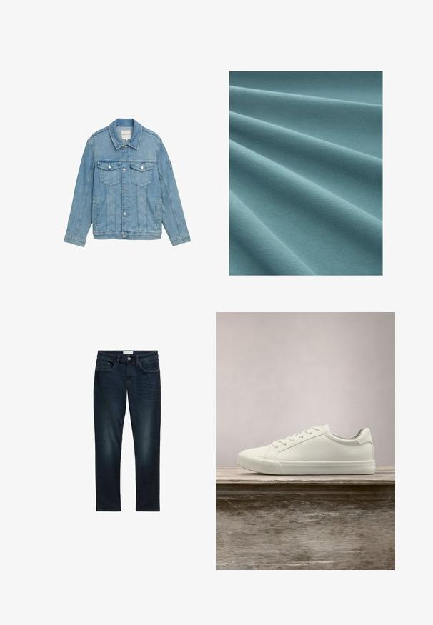 Hellblaue Jeansjacke mit klassischem Kragen, Frontknopfverschluss, zwei Brusttaschen und genähten Details. Lange Ärmel mit Knopfmanschetten.; Türkises Gewebe mit einer glatten, weichen Textur, das sanfte Falten zeigt und ein durchgängiges Strickmuster aufweist.; Dunkelblaue Denim-Jeans mit slim Fit, ausgestattet mit fünf Taschen, einem Knopfverschluss und subtilen Ausbleichungen auf der Vorderseite für eine strukturierte Optik.; Weiße Schnürsneaker, die über einer Holzbank mit grünem Laub im Hintergrund schweben und das Schuhdesign sowie die Textur zeigen.