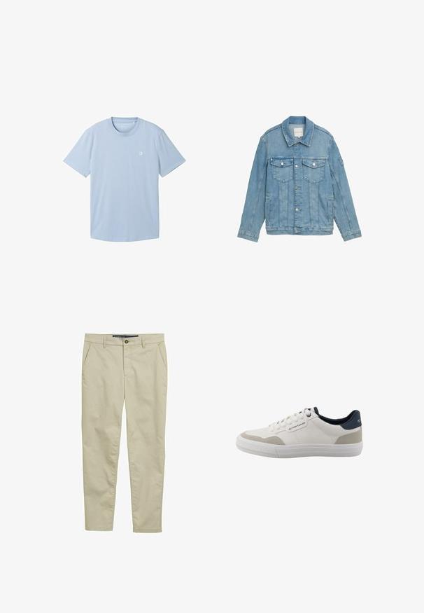 Hellblaue Jeansjacke mit klassischem Kragen, Frontknopfverschluss, zwei Brusttaschen und genähten Details. Lange Ärmel mit Knopfmanschetten.; Hellblaues T-Shirt mit kurzen Ärmeln aus weichem Stoff, mit einem runden Ausschnitt und einem kleinen Logo auf der linken Brustseite. Einfache Textur.; Beige Chinos aus leichtem Stoff, mit flachem Bund, zwei Seitentaschen und einem Knopfverschluss, in einem schlanken, geraden Bein-Design.; Weißer Sneaker in Low-Top-Form mit beigen Akzenten, navyblauem Fersenbereich, weißen Schnürsenkeln und Gummisohle, mit Tom Tailor-Logo an der Seite und auf der Rückseite.