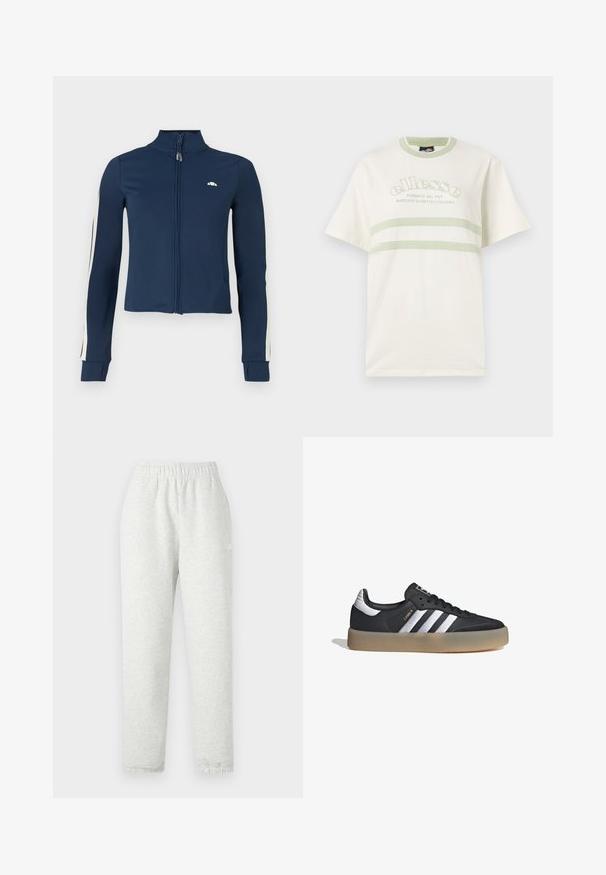 Chaqueta de cremallera azul marino hecha de un tejido suave y elástico; presenta rayas blancas en las mangas y un pequeño logo en el pecho.; Camiseta de algodón color crema con cuello redondo, mangas cortas y rayas de acento verde. Presenta un logo bordado en la parte frontal.; Pantalones de chándal gris claro con una cinturilla elástica, piernas cónicas y puños acanalados. Fabricados con un tejido suave y texturizado. Detalle del logo blanco en el lateral.; Zapatilla deportiva de cuero negro con tres rayas plateadas, punta texturizada y suela de goma. Cuenta con un collar acolchado y un diseño con cordones.