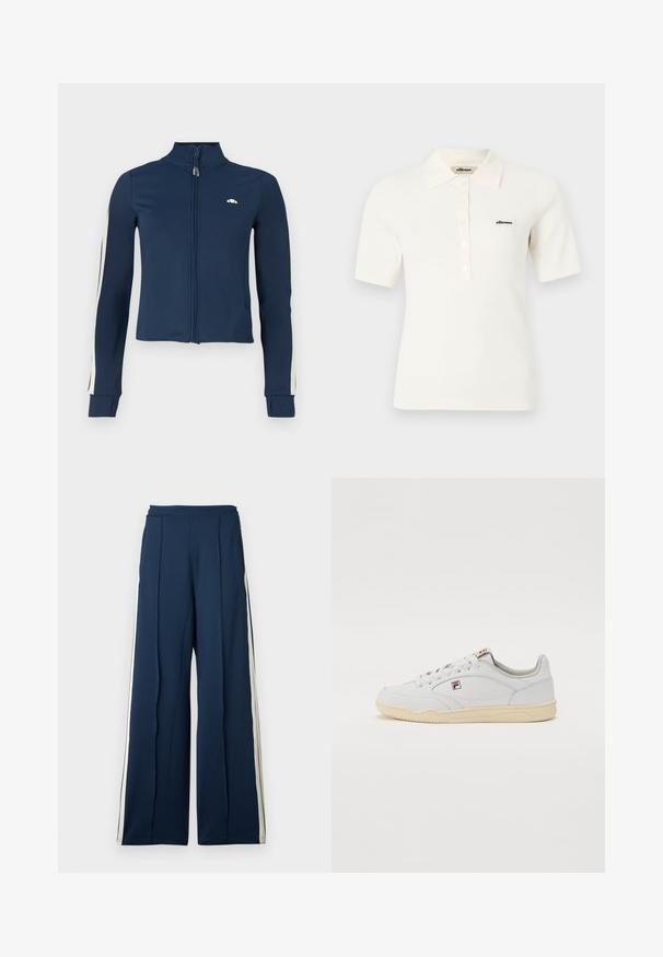 Marineblå zip-up jakke lavet af glat, strækbart stof; har hvide striber langs ærmerne og et lille logo på brystet.; Hvid kortærmet ribbet poloshirt med krave og knapstolpe, med lille sort "ellesse" logo på venstre bryst.; Bredde ben bukser i mørk marinestof med sidelister i creme. Har en høj talje og plisserede detaljer for ekstra struktur.; Hvide lædersneakers med lavt design, cremefarvet gummisål og diskrete stingdetaljer. Har et lille logo nær snørebåndene.