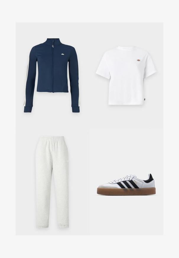 Námornícky zip-up jacket vyrobený z hladkej, elastickej tkaniny; má biele pruhy pozdĺž rukávov a malé logo na hrudi.; Biele bavlnené tričko s uvoľneným strihom, ktoré má malé logo na hrudi a štítok na boku pre dodatočný detail.; Svetlo šedé tepláky s elastickým pásom, zúženými nohavicami a rebrovanými manžetami. Vyrobené z mäkkej, štruktúrovanej tkaniny. Biele logo na boku.; Biele kožené tenisky s čiernymi pruhmi, gumová podrážka, okrúhla špička, šnurovanie a mäkký sivý semišový špička.