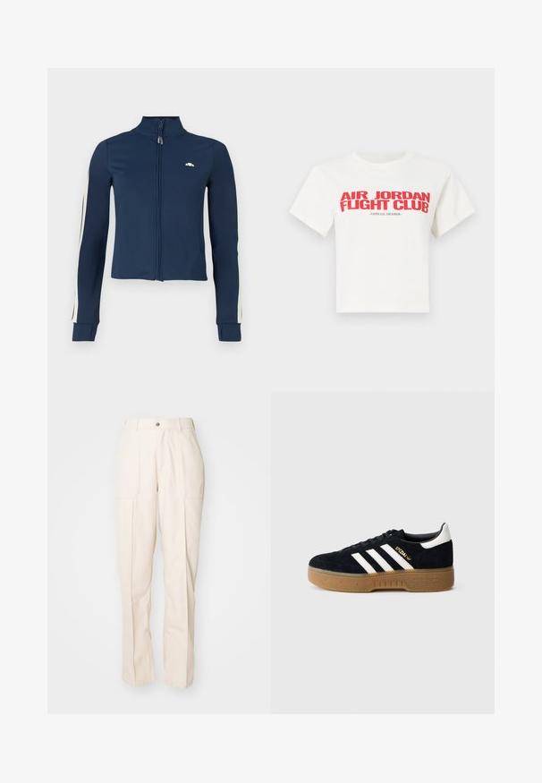 Marineblå zip-up jakke lavet af glat, strækbart stof; har hvide striber langs ærmerne og et lille logo på brystet.; Hvid bomulds t-shirt med fed rød tekst: "AIR JORDAN FIGHT CLUB" og "OFFICIAL MEMBER". Korte ærmer og klassisk rund halsudskæring.; Beige, lige ben bukser lavet af en bomuldsblanding. Har to forlommer, en knaplukning og synlige sømdetaljer.; Sort ruskindssneaker med hvide tre striber og guldfarvet logo. Sål i gummi med tekstureret greb. Klassisk lavtop-design med rundet tå.