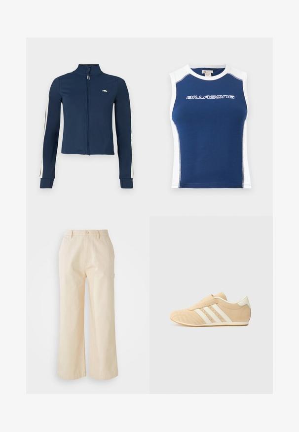 Námornícky zip-up jacket vyrobený z hladkej, elastickej tkaniny; má biele pruhy pozdĺž rukávov a malé logo na hrudi.; Modrý atletický top bez rukávov s bielymi bočnými panelmi a golierom, s bielym logom "BILLABONG" na hrudi.; Svetlosivé široké nohavice vyrobené z bavlny s hladkou textúrou, s predným zapínaním na gombík a bočnými vreckami.; Svetlohnedé a krémové športové topánky s hladkým koženým zvrškom, troma bielymi pruhmi po stranách a zaoblenou špičkou. Štruktúrovaný zvršok s perforáciami.