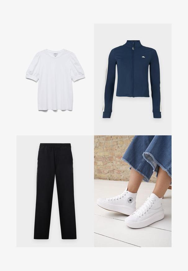 Námornícky zip-up jacket vyrobený z hladkej, elastickej tkaniny; má biele pruhy pozdĺž rukávov a malé logo na hrudi.; Biela krátka blúzka s okrúhlym výstrihom a vypchávanými rukávmi. Vyrobená z hladkej tkaniny, s etiketou označenou "AWARE."; Čierne bavlnené nohavice s elastickým pásom, rovný strih nohavíc a biele bočné pruhy. Hladká textúra a priliehavý strih.; Osoba nosiace biele vysoké tenisky Converse s hrubými podrážkami a skrátené modré rifle s ošúchaným lemom na pozadí tehlovej steny a bielej podlahy.