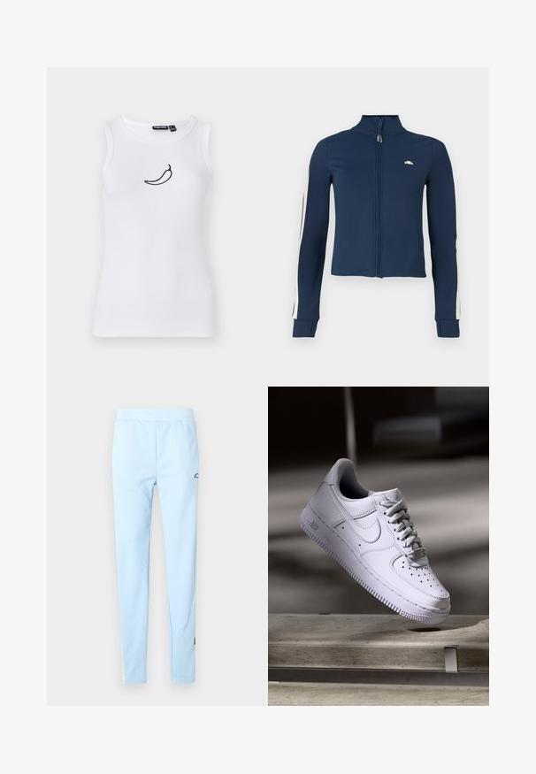 Námornícky zip-up jacket vyrobený z hladkej, elastickej tkaniny; má biele pruhy pozdĺž rukávov a malé logo na hrudi.; Biely rebrovaný top na ramienka so zembrením čiernej chilli papričky na oblasti hrudníka. Vyrobený z mäkkého a elastického materiálu.; Svetlo modré športové nohavice s hladkým povrchom, elastickým pásom a jemným vzorom. Majú logo blízko bedra a farebné akcenty na leme.; Biele tenisky Nike Air Force 1 vznášajúce sa nad betónovým povrchom so tieňmi v minimalistickom prostredí.