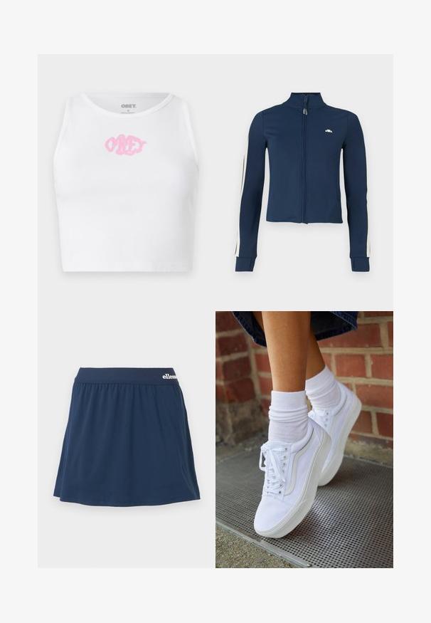 Námornícky zip-up jacket vyrobený z hladkej, elastickej tkaniny; má biele pruhy pozdĺž rukávov a malé logo na hrudi.; Biely rebrovaný crop top s ružovým logom "OBEY" v strede. Navrhnutý s okrúhlym výstrihom a bez rukávov.; Námornícka modrá, mäkká látková sukňa-šortky s elastickým pásom. Má skladaný dizajn a malé logo na páse.; Biele plátené tenisky s gumovou podrážkou, s piatimi dierkami na šnúrky, okrúhlou špičkou a svetlými švami, doplnené o biele členkové ponožky.