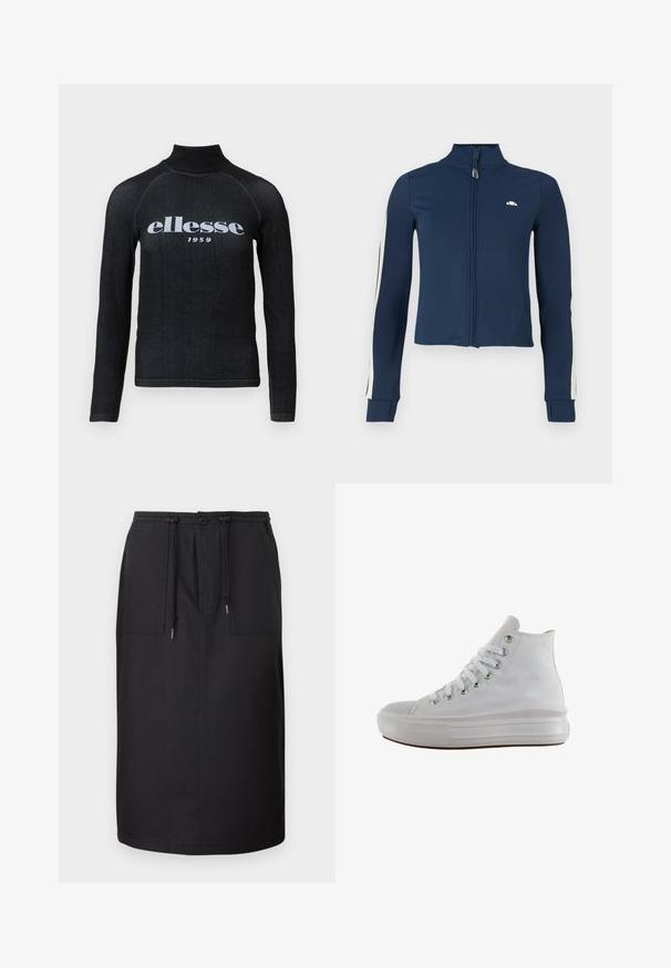 Marineblå zip-up jakke lavet af glat, strækbart stof; har hvide striber langs ærmerne og et lille logo på brystet.; Sorte langærmet top med høj krave, udstyret med et hvidt trykt "ellesse 1959" logo over brystet; glat, strækbart stof.; Sort denimnederdel med en lige silhuet, der har en elastisk talje, snøre og to forlommer for funktionalitet.; Hvid højt canvas sneaksko med hvide snørebånd, metaløjer, tyk gummisål og tekstureret tåhætte, vendt mod venstre på en hvid baggrund.