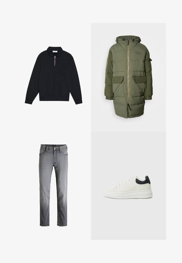 Scotch & Soda LONG PUFFER - Vinterfrakke - thyme; Pier One Sweatshirt - black; Grå slim-fit jeans med fem lommer, bæltestropper og knaplukning i taljen, vist mod en hvid baggrund.; Hvid lædersneaker med sort hælafslutning, rund tå, flad hvid sål og snørelukning. Minimale perforeringer på siderne.