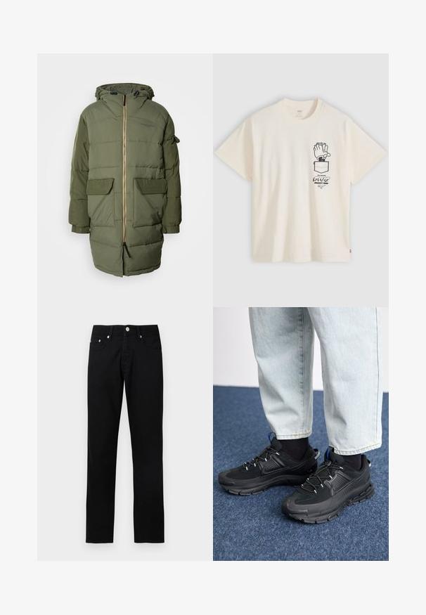 Scotch & Soda LONG PUFFER - Vinterfrakke - thyme; Off-white T-shirt med sort tegneseriehånd, der klapper over en lomme og stiliseret tekst nedenfor på venstre bryst.; Sorte jeans med lige ben, frontknapper, lynlås, bæltestropper og fem lommer på en lys grå baggrund.; Sorte træningssko med tekstureret stof og gummisåler, udstyret med elastiske snørebånd og en blå detalje på hælen. Bæres med lyse denimbukser.