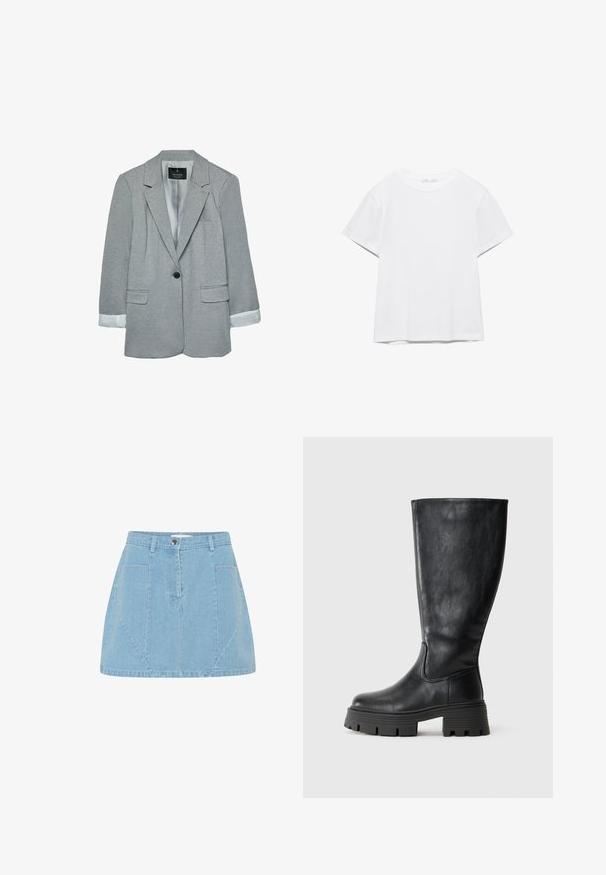 Grauer Blazer mit Reverskragen, einem schwarzen Knopf, zwei vorderen Taschen und gestreiften Bündchen. Aus strukturiertem Stoff gefertigt, mit glatter Fütterung.; Unifarbenes weißes T-Shirt mit kurzen Ärmeln und Rundhalsausschnitt, gerader Saum, dargestellt auf weißem Hintergrund.; Helles blaues Jeansrock mit hohem Bund, vorderen Taschen und dezenten Paneeldetails, versehen mit einem silbernen Knopfverschluss.; Schwarze kniehohe Stiefel aus glattem Leder mit einer dicken, strukturierten Sohle und dezenten Nahtdetails an der Außenseite.