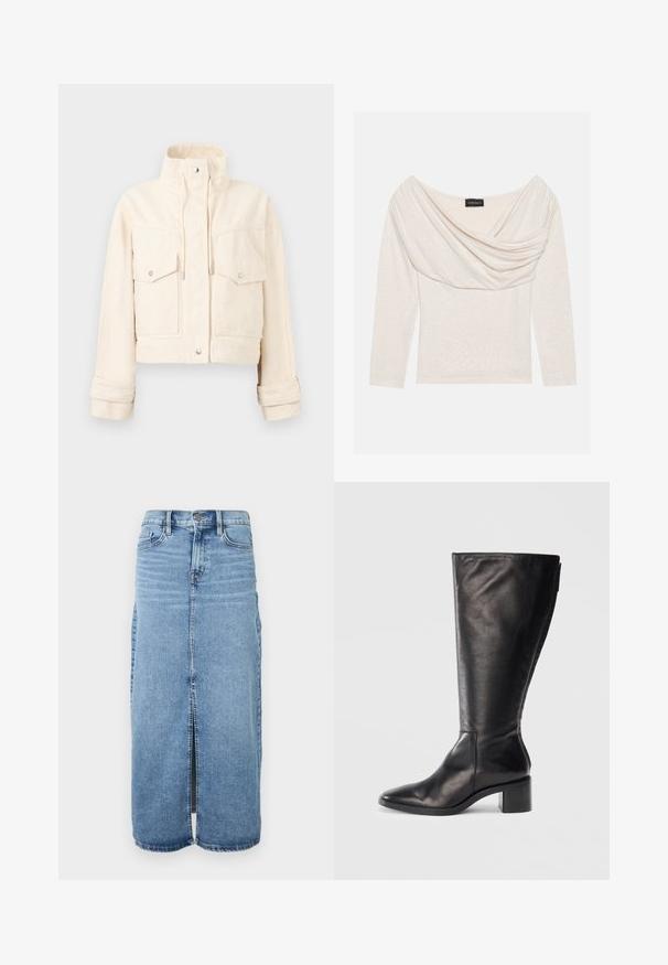 Veste courte crème avec col montant, boutons-pression à l'avant, deux grandes poches à rabat et cordons ajustables au niveau du col.; T-shirt à manches longues écru avec un col drapé. Tissu doux avec une texture lisse. Étiquette visible au niveau du col. Design simple.; Jupe maxi en denim bleu clair avec fente avant, fermeture à boutons et cinq poches. Dotée de coutures classiques et d'un design droit.; Botte noire en cuir montante, avec un bout carré, un talon large et un design épuré. Texture lisse avec une fermeture éclair sur le côté pour un enfilage facile.