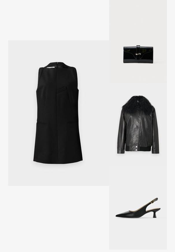 Schwarze Lederjacke mit einem lockigen schwarzen Pelzkragen, gerippten Bündchen und Saum, diagonalem Reißverschluss und einer Seitentasche. Glatte Textur.; Schwarzes ärmelloses Oberteil mit hohem Kragen, strukturiertem Design, Taschendetails auf der Vorderseite und verdecktem Reißverschluss hinten, aus einem strukturierten Stoff gefertigt.; Schwarzer Slingback-Schuh mit spitzer Kappe, niedrigem Absatz, goldener Schnallenschließe und ausgestelltem Absatz, präsentiert auf einem schlichten hellen Hintergrund.; Schwarze glänzende rechteckige Brieftasche mit einem vorderen Riemen und silberner Metallverschluss, vor einem schlichten weißen Hintergrund.