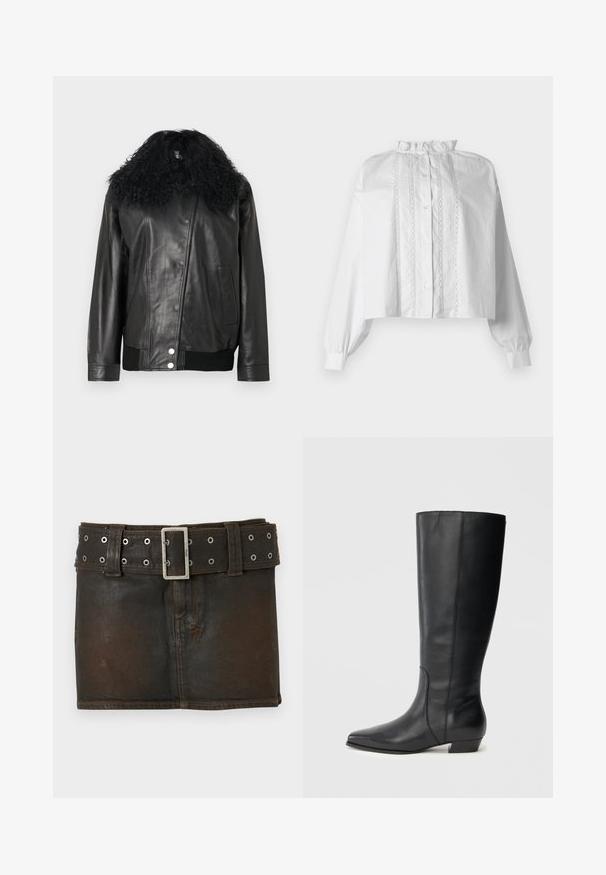 Veste en cuir noir avec un col en fourrure noire bouclée, des poignets et un ourlet côtelés, une fermeture éclair diagonale et une poche latérale. Texture lisse.; Blouse blanche courte à manches longues bouffantes, col à volants, boutonnage sur le devant et panneau vertical en dentelle.; Mini-jupe en jean noir avec ceinture à boucle en argent dotée de multiples œillets, portée à plat sur un fond clair.; Bottes en cuir noires montant jusqu'aux genoux, avec bout pointu et talon bas carré, présentant une texture lisse et un design épuré et élégant.