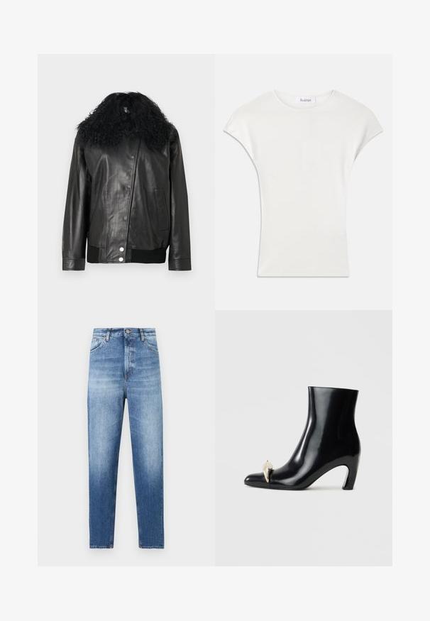 Veste en cuir noir avec un col en fourrure noire bouclée, des poignets et un ourlet côtelés, une fermeture éclair diagonale et une poche latérale. Texture lisse.; Chemise blanche à manches courtes en tissu côtelé doux. Encolure ras du cou ; coupe décontractée avec des manches légèrement bouffantes. Étiquette de la marque visible au niveau de l'encolure.; Jean denim bleu taille haute avec effet délavé, fermeture à boutons et zip à l'avant, et design classique à cinq poches.; Bottine noire en cuir brillant, avec un bout pointu et un accent décoratif en or et argent à l'avant. Design à talon carré.