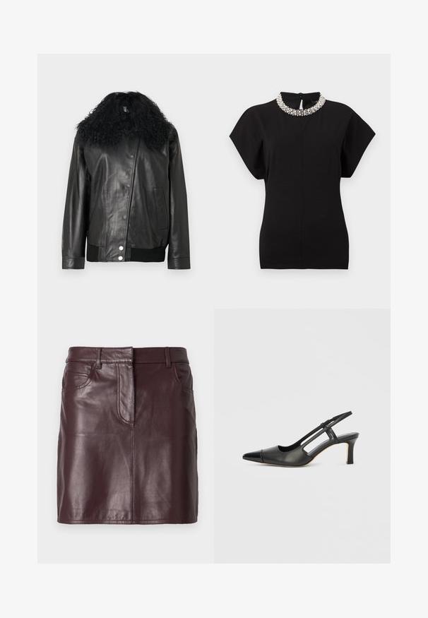 Veste en cuir noir avec un col en fourrure noire bouclée, des poignets et un ourlet côtelés, une fermeture éclair diagonale et une poche latérale. Texture lisse.; Haut noir à manches courtes avec col orné de perles et de perles, et fermeture par bouton au niveau de l'encolure arrière.; Mini-jupe en cuir bordeaux à texture lisse, avec poches frontales et passants pour ceinture. Présente des lignes épurées et un design simple.; Chaussure à bride arrière en cuir noir avec bout pointu, dotée d'un accent brillant sur le bout et d'un talon de hauteur moyenne. Design latéral ouvert.