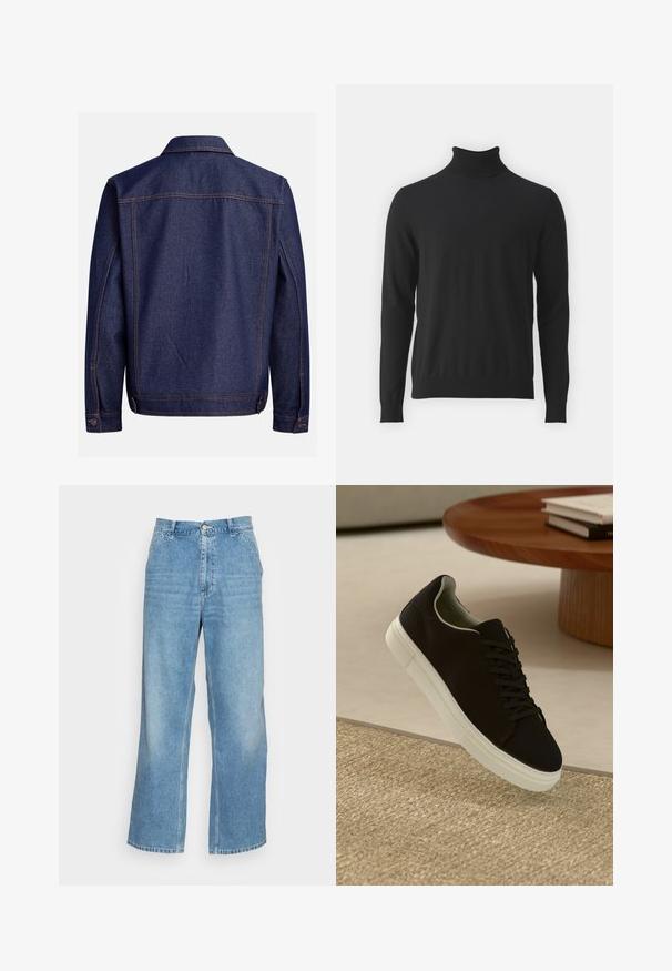 Jeansjacke in Dunkelblau mit klassischem Schnitt, mit hellen kontrastierenden Nähten, einem Kragen und verstellbaren Manschetten mit Knopfverschluss.; Schwarzer Rollkragenpullover aus weichem Stoff, mit langen Ärmeln und geripptem Kragen, glatter Textur und figurbetontem Design.; Helle blaue weit geschnittene Jeans aus Denim. Mit hoher Taille, Knopfverschluss und klassischem Five-Pocket-Design. Glatte Textur.; Schwarze Sneakers mit weißer Sohle, die über einem beige strukturierten Teppich schweben, in der Nähe eines runden Holztisches mit gestapelten Büchern.