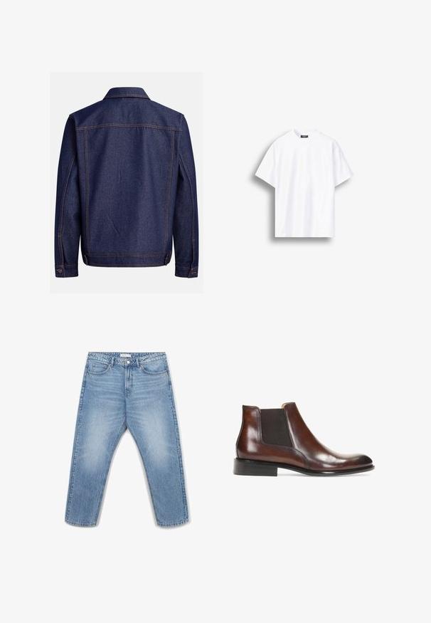 Jeansjacke in Dunkelblau mit klassischem Schnitt, mit hellen kontrastierenden Nähten, einem Kragen und verstellbaren Manschetten mit Knopfverschluss.; Schlichtes weißes T-Shirt mit kurzen Ärmeln und Rundhalsausschnitt, lockerer Passform, vor weißem Hintergrund mit Schatten auf der linken Seite dargestellt.; Hellblaue Jeans aus Denim mit geradem Bein, fünf Taschen, Metallknopfverschluss und dezenten Ausbleichungen auf dem Stoff.; Braune Leder-Stiefelette mit elastischen Seiteneinsätzen, glatter Oberfläche, genähten Details und einem niedrigen rechteckigen Absatz.