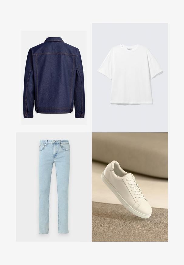 Denimjakke i mørkeblå med klassisk snit, der har lyse kontrastsømme, krave og justerbare manchetter med knaplukning.; Hvid oversized t-shirt med korte ærmer og rund halsudskæring med sænkede skuldre, fladt lagt på lys grå baggrund.; Lyseblå denimjeans med lige ben, der har fem lommer, diskret falmning og klassiske syningsdetaljer.; Hvide lædersneakers med hvide snørebånd, præsenteret på en beige tekstureret overflade og med en blødt uskarp baggrund.