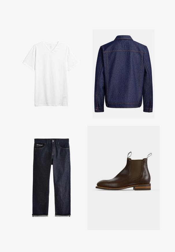 Denimjakke i mørkeblå med klassisk snit, der har lyse kontrastsømme, krave og justerbare manchetter med knaplukning.; Hvid kortærmet v-hals t-shirt lavet af bomuld. Har en afslappet pasform og en glat tekstur uden synlige mønstre eller grafik.; Mørkeblå denimjeans med en klassisk lige pasform, der har fem lommer, knaplukning og op rullede manchetter, som viser en lys blå foring.; Mørkebrun læder Chelsea-støvle med elastisk sidepanel, trækstropper foran og bagpå, lav stablet hæl og rundet snude.