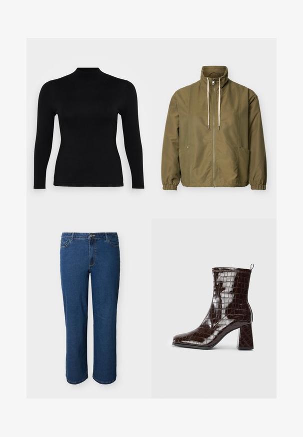 Veste zippée vert olive avec col montant, cordons blancs, poignets élastiques et poches latérales sur un fond clair uni.; Haut à col roulé noir à manches longues, fabriqué en tissu doux et lisse. Coupe ajustée avec un col haut et un ourlet droit, présentant des coutures minimales et aucun motif.; Jean denim bleu à jambe droite avec bouton et fermeture éclair à l'avant, style cinq poches, et couture visible sur fond clair.; Bottine en cuir verni marron foncé, avec texture crocodile, talon carré et tirant à l'arrière sur fond blanc.
