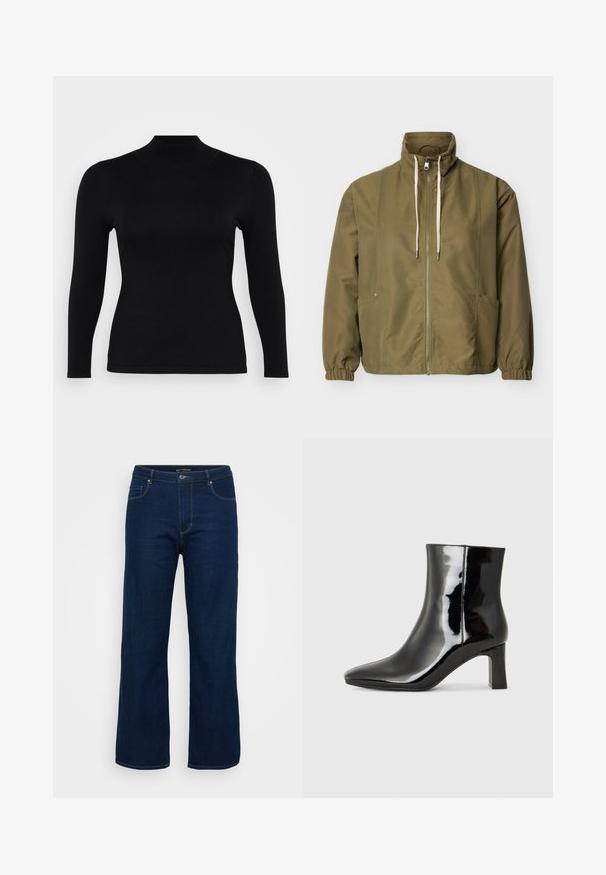 Olive roheline lukuga jakk kõrge kraega, valge paelaga, elastsete mansettidega ja küljetaskutega lihtsal heledal taustal.; Must musta pika varrukaga turtleneck, valmistatud pehmest ja siledast kangast. Kitsas lõige, kõrge kaelaosa ja sirge äär, minimaalsete õmblustega ning ilma mustriteta.; Tumedat sinise denimist teksad, millel on sirge lõige, varustatud tõmblukuga ja viie taskuga ning nähtavate õmblustega.; Must-sinine nahkjalats musta läikiva viimistlusega, millel on terav nina ja keskmise kõrgusega plokk konts. Sile tekstuur ja minimalistik disain.