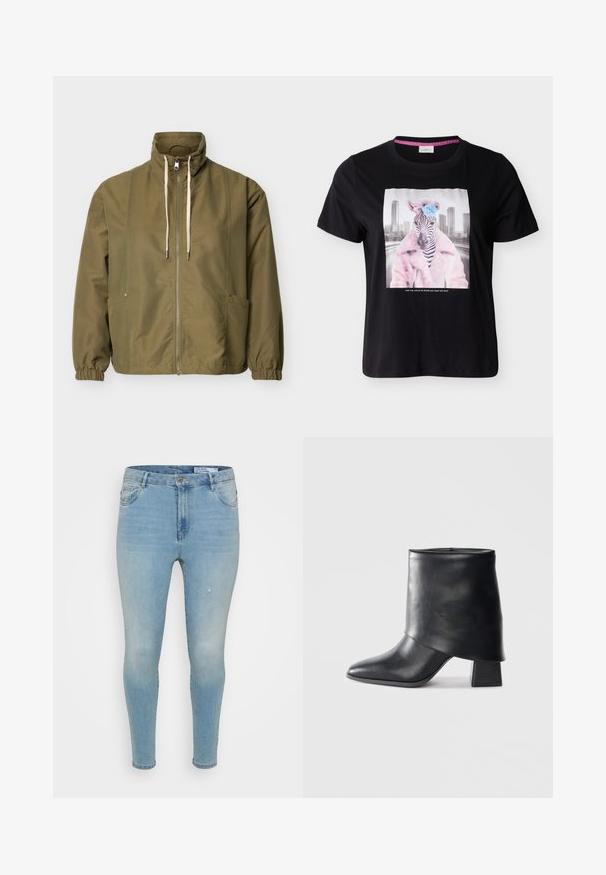 Olivengrøn lynlåstrøje med høj krave, hvide snore, elastiske manchetter og sidelommer på en ensartet lys baggrund.; Sort T-shirt med en zebra iført en pink nitteret frakke og en blå blomst på hovedet, byens skyline i baggrunden.; Lyseblå denimbukser med slim fit, der har en mellemhøj talje, klassisk fem-lomme design og subtile slidte detaljer på fronten.; Sort læder ankelstøvle med spids tå, glat tekstur og en struktureret blokhæl. Har et højt, foldet kravedesign.