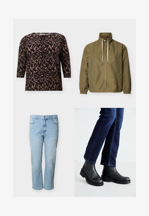 Chaqueta verde oliva con cremallera, cuello alto, cordones blancos, puños elásticos y bolsillos laterales sobre un fondo claro y liso.; Blusa negra y beige con un patrón, mangas tres cuartos, escote redondo y un ajuste holgado. La tela tiene un aspecto suave y texturizado.; Pantalones vaqueros de mezclilla azul claro con corte de pierna recta, cinco bolsillos, cierre de botón y trabillas para cinturón, presentados sobre un fondo blanco.; Botas de tobillo de cuero negro con suela gruesa y paneles elásticos laterales, combinadas con jeans azul oscuro. El suelo es de color claro.