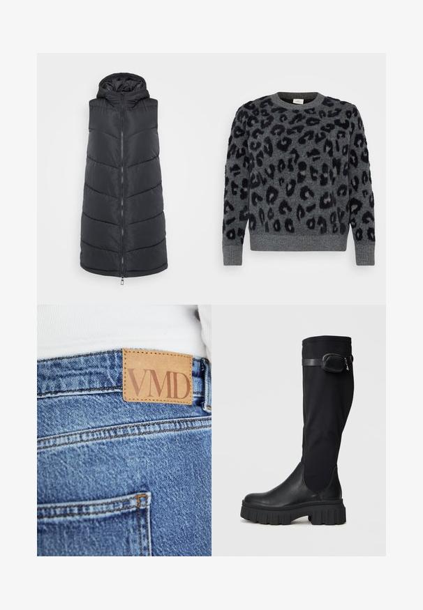 Doudoune sans manches à capuche noire avec fermeture éclair intégrale, présentant un design matelassé, une texture lisse et une coupe midi.; Pull gris avec taches de léopard noires, doté d'un col ras du cou et de poignets côtelés, fabriqué dans un matériau doux et texturé.; Gros plan sur un jean en denim bleu avec une étiquette en cuir marron cousue sur la ceinture affichant le texte "VMD".; Bottes noires jusqu'aux genoux avec un bout en cuir et un tige en textile, dotées d'une poche latérale, d'une semelle en caoutchouc épaisse et d'un accent de sangle décoratif.