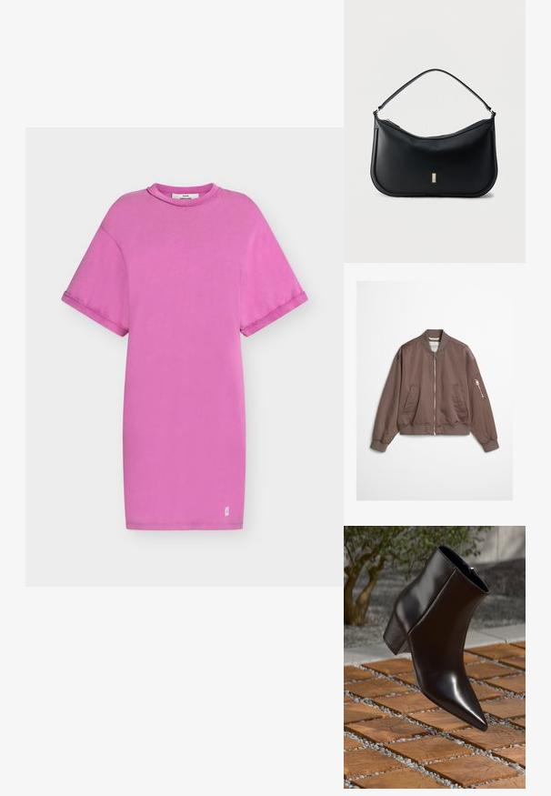 Taupe satin bomberjakke med lynlås foran, ribbet krave, ærmegab og kant, to forlommer og en lynlåslomme på venstre ærme.; Simpel lyserød oversized kortærmet kjole med rund halsudskæring og et lille hvidt mærke nær bunden på en lys baggrund.; Sort læder ankelstøvle med spids tå, blokhæl og glat tekstur, placeret over en overflade af træ og grus.; Sort skuldertaske i læder med en enkelt strop, minimalistisk design, buet bund og en lille gylden rektangulær logoplade foran.