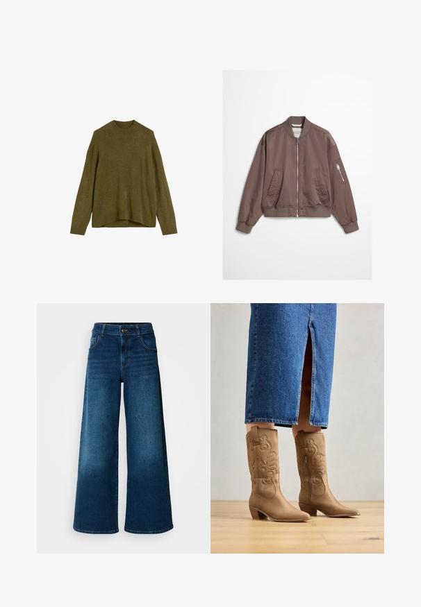Taupe satin bomberjakke med lynlås foran, ribbet krave, ærmegab og kant, to forlommer og en lynlåslomme på venstre ærme.; Olivengrøn strikketrøje med ribbet rund hals, drop shoulder-ærmer og en løs pasform. Kantene er lidt længere bagtil.; Viddejeans lavet af mørkeblå denim. Har høj talje, knaplukning og klassisk fem-lomme design med subtile falme.; Tan western-stil støvler med dekorativ syning, spids tå og stakket hæl. Båret med en denimnederdel i knæ længde, der afslører støvlerne.