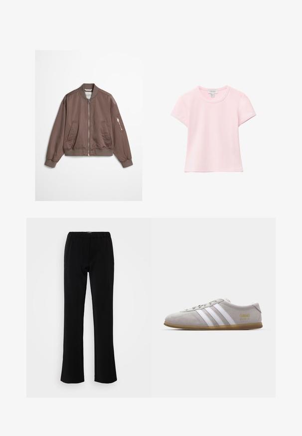 Taupe satin bomberjakke med lynlås foran, ribbet krave, ærmegab og kant, to forlommer og en lynlåslomme på venstre ærme.; Lyserød kortærmet T-shirt med rund hals og lige kant, lavet af blødt stof, vist på en hvid baggrund.; Sorte bukser med flare-design, lavet af et glat stof. Har et elastisk bælte for komfort og en ren, enkel silhuet.; Grå suedestøvle med hvide læderstriber og guldlogo-detalje. Flad gummisål, rund tå og klassisk snølukkedesign.
