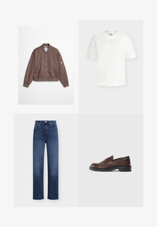 Taupe satin bomberjakke med lynlås foran, ribbet krave, ærmegab og kant, to forlommer og en lynlåslomme på venstre ærme.; Hvid kortærmet T-shirt i bomuld med rund hals, med et lille mærke ved halsudskæringen og sidesømmen.; Mørkeblå denimjeans med højtalje, lige ben og klassisk fem-lomme-design. Har knap- og lynlåslukning.; Brune læder loafers med rund tå, og en dekorativ rem over toppen, samt en lav, struktureret sort gummihæl.