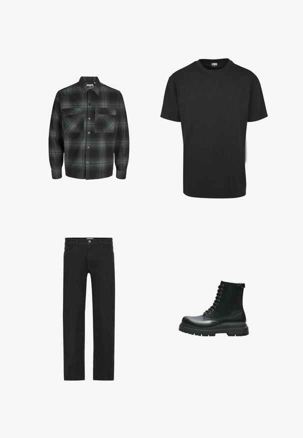 Schwarz-graues Karomuster-Hemd mit Knopfverschluss, spitzem Kragen und zwei Brusttaschen; aus einem weichen Stoff mit strukturiertem Muster gefertigt.; Schwarzes Baumwoll-T-Shirt mit kurzen Ärmeln, rundem Ausschnitt und normaler Passform. Der Stoff wirkt glatt und unverziert.; Schwarze gerade Jeans aus Denim mit einem Knopfverschluss am Bund, fünf Taschen und einem minimalistischen Design ohne sichtbare Muster.; Schwarzer Leder-Kampfstiefel mit Schnürung, dicker Gummisohle und gesteppten Details, von der Seite auf weißem Hintergrund gezeigt.