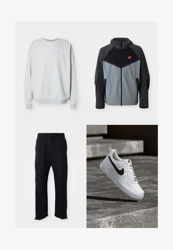 Chaqueta con capucha de Nike que presenta una combinación de colores en negro y gris con un diseño geométrico, bolsillos con cremallera y un destacado logo rojo en el pecho.; Sudadera gris hecha de una mezcla de algodón, con un cuello redondo, hombros caídos y un pequeño logo blanco en el pecho.; Pantalones deportivos negros con cinturilla elástica y cordón, con bolsillos laterales, piernas ajustadas y cremalleras en los tobillos. Textura suave.; Zapatilla blanca Nike Air Force 1 con el logo Swoosh negro, cordones atados, posicionada en el aire sobre una superficie de concreto texturizado al aire libre.