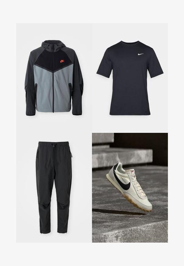 Chaqueta con capucha de Nike que presenta una combinación de colores en negro y gris con un diseño geométrico, bolsillos con cremallera y un destacado logo rojo en el pecho.; Camiseta negra de manga corta de Nike hecha de tela suave, con un logo de swoosh blanco en la parte superior izquierda y cuello cuadrado.; Pantalones ligeros negros con cintura elástica, cordón ajustable, bolsillos laterales con cremallera, rodilleras articuladas y cremalleras en los tobillos.; Zapatilla Nike blanca y negra con suela de goma suspendida sobre escalones de concreto, iluminada por luz natural.