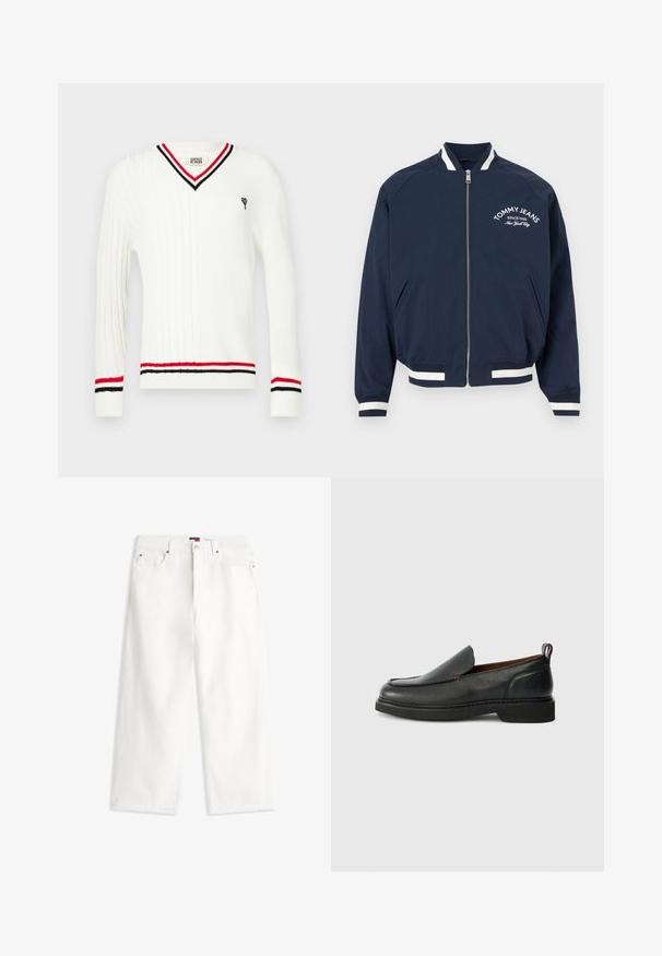 Chaqueta bomber azul marino con cierre de cremallera, puños y dobladillo con rayas blancas, con el texto "Tommy Jeans Since 1985 New York City" en el pecho izquierdo.; Suéter blanco de punto con cuello en V, con detalles de rayas negras y rojas en el cuello y los puños, y un pequeño gráfico bordado.; Vaqueros blancos de tiro alto y pierna ancha con botón y cremallera delanteros, cinco bolsillos y una pequeña etiqueta con el logo en la cintura.; Zapato negro de cuero tipo mocasín con punta redondeada, parte superior texturizada, costuras rojas en contraste y un tacón bajo. Cuenta con una tira de agarre en la parte posterior.