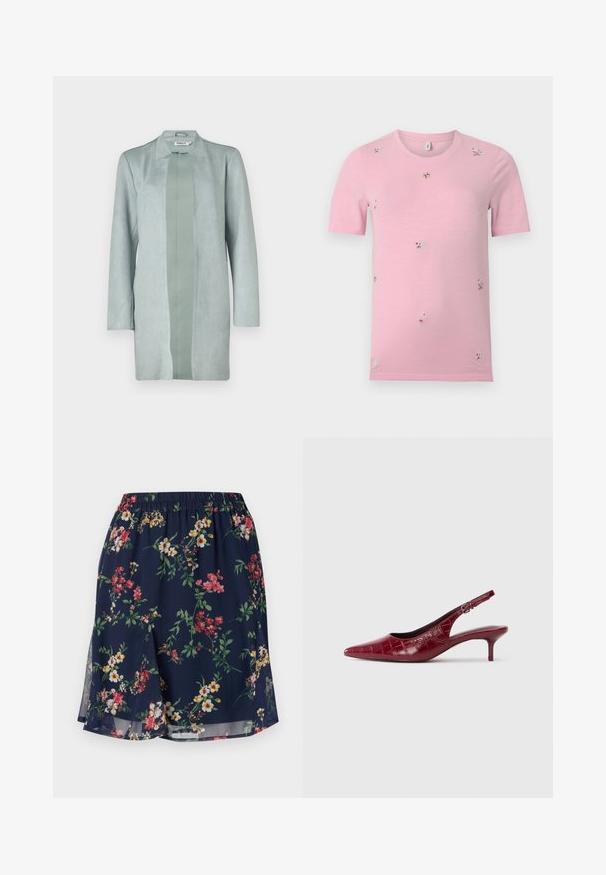 Lys grøn, langærmet jakke lavet af blødt suede-lignende materiale, med en lige silhuet og et centralt panel i en lidt mørkere nuance.; Lyserød t-shirt med korte ærmer og små, spredte broderede blomster i forskellige farver, rund halsudskæring, ensfarvet baggrund.; Blomsterkjole med elastisk talje, der har en marineblå baggrund pyntet med røde, gule og grønne blomstermønstre. Letvægtsstof.; Bordeaux læder slingback pumpe med krokodillestruktur, spidse tæer, justerbar spænde rem og lav kitten hæl på en hvid baggrund.