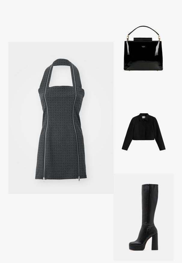 Sort cropped jakke med lange ærmer, en spids krave og en enkelt knaplukning øverst.; Sort og grå mønstret forklæde med halterneck, firkantet udskæring, lynlåsdetaljer foran og en tætsiddende form. Fremstillet af tekstureret stof.; Sorte knæhøje støvler lavet af glat læder med en struktureret overflade, der har en høj blokhælkonstruktion og et rundt tådesign.; Sorte patentlæder håndtaske med et struktureret design, der har et top håndtag, guld hardware detaljer og en lille frontklap.