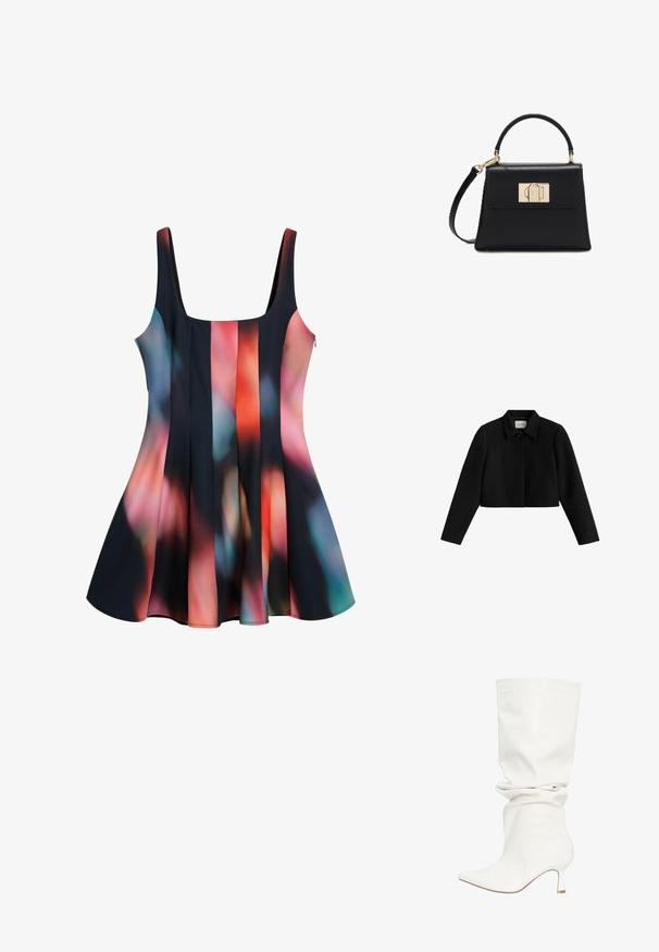 Schwarze verkürzte Jacke mit langen Ärmeln, spitzem Kragen und einem einzelnen Knopfverschluss oben.; Schwarzes Kleid mit buntem abstraktem Muster in den Farbtönen Rot, Blau und Pink. Ausgestellter Saum, runder Ausschnitt und verstellbare Träger.; Weißer lockerer Lederstiefel bis zur Mitte der Wade mit spitz zulaufender Spitze und niedrigem, geschwungenem Absatz, dargestellt vor einem schlichten weißen Hintergrund.; Schwarze Lederhandtasche mit Tragegriff oben, abnehmbarem Schulterriemen und goldenem rechteckigem Verschluss an der Vorderklappe.