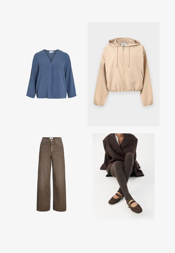 Beige hættejakke med lynlås, snore i hætten, lange ærmer, sidelommer samt elastiske manchetter og kant.; Lyseblå bluse med lange ærmer, V-hals og blød krøllet tekstur. Har knapdetaljer på ærmerne og en let afslappet pasform.; Brune højttaljede viddebenjeans med frontknap og lynlås, for- og baglommer samt bæltestropper.; Brune ribbede knæhøje sokker parret med brune ruskinds Mary Jane sko med en dekorativ rem og spænde, båret med en mørk frakke.