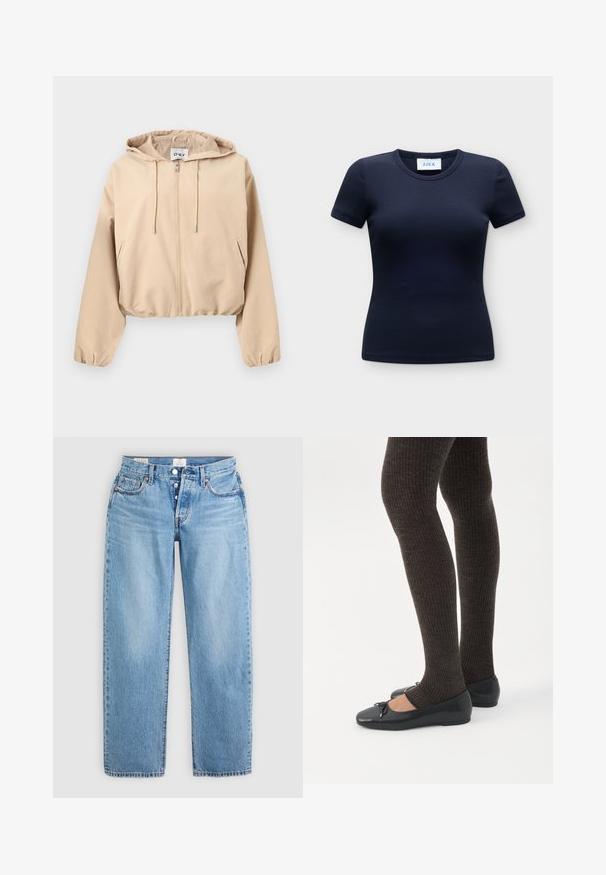Beige gewatteerde jas met rits en capuchon, trekkoorden, lange mouwen, zijzakken en elastische boorden en zoom.; Marineblauw geribd aansluitend T-shirt met korte mouwen, een ronde halslijn en een merklabel aan de binnenzijde van de kraag.; Lichtblauwe spijkerbroek met een recht model, vijf zakken en een knoopsluiting. Heeft gestikte details en een nette zoom.; Benen met donkere geribbelde leggings gecombineerd met zwarte ballerina's met kleine strikdetails op een witte achtergrond.
