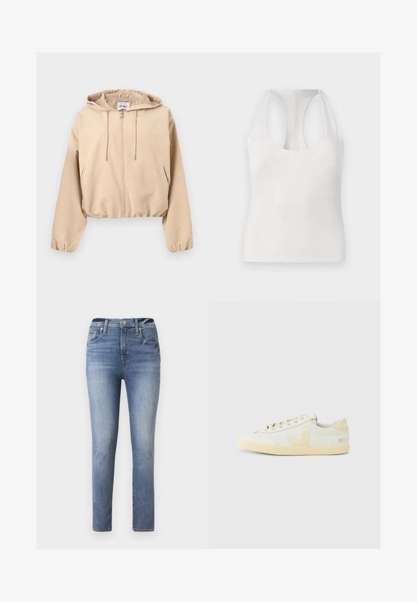 Beige gewatteerde jas met rits en capuchon, trekkoorden, lange mouwen, zijzakken en elastische boorden en zoom.; Witte mouwloze top van zacht materiaal, met een ronde halslijn en racerback ontwerp, een gladde textuur en zonder zichtbare patronen.; Lichtblauwe hoge taille jeans met een slim fit, voorzien van vijf zakken en een rits, gemaakt van denim met een gladde textuur.; Witte leren sneakers met een beige accent aan de zijkant en hak, voorzien van een getextureerde rubberen zool en een ronde neus.