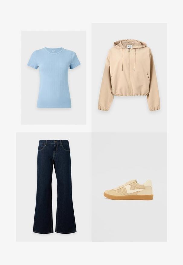 Veste à capuche beige zippée avec cordons de serrage, manches longues, poches latérales, poignets et ourlet élastiques.; Top en maille côtelée bleu clair à manches courtes, col rond, silhouette ajustée et texture subtile à rayures verticales perforées.; Jean en denim bleu foncé avec bouton et fermeture éclair à l'avant, cinq poches et jambes légèrement évasées et larges.; Sneaker beige avec des matériaux en daim et en maille, forme arrondie, col rembourré proéminent et semelle en caoutchouc gomme. Présente un accent de design en forme de vague.